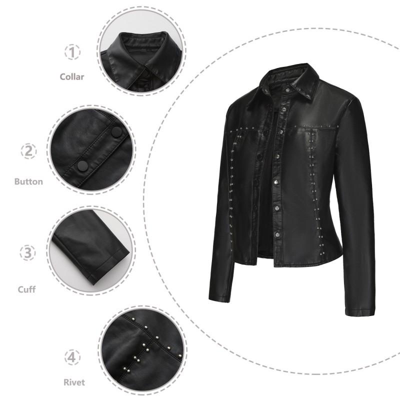 Womens PU Leather Biker Jacket With Rivets Stand Collar Single Button Lightweight Streetwear Outerwear