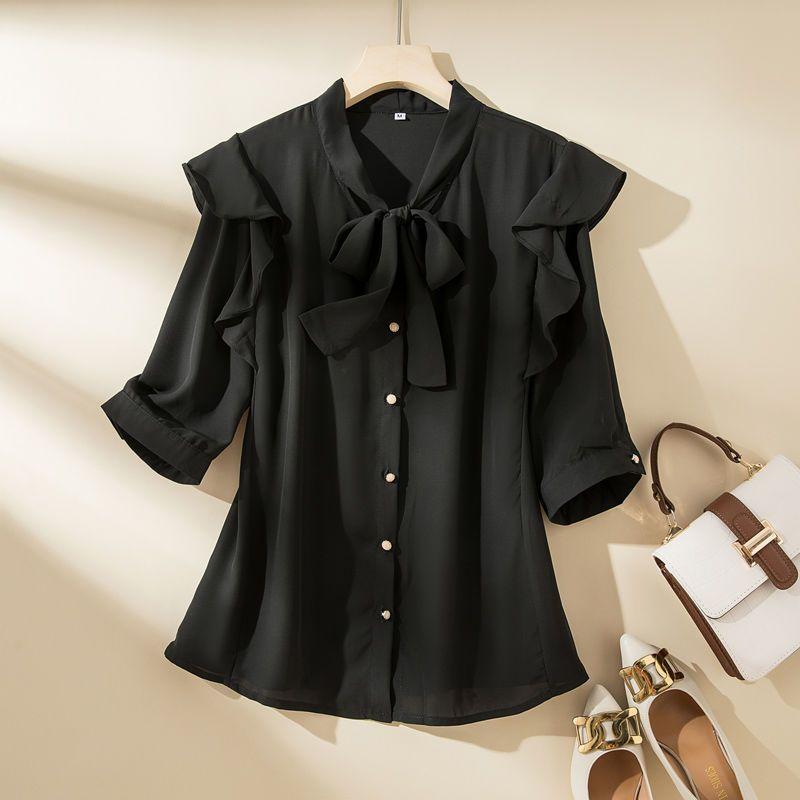 WTEMPO Brand Niche Chic Chiffon Blouse Thin Bow Temperament Hundred with Seven-point Sleeve Thin Shirt Fashion Casual Hundred with Outside Wear Tops
