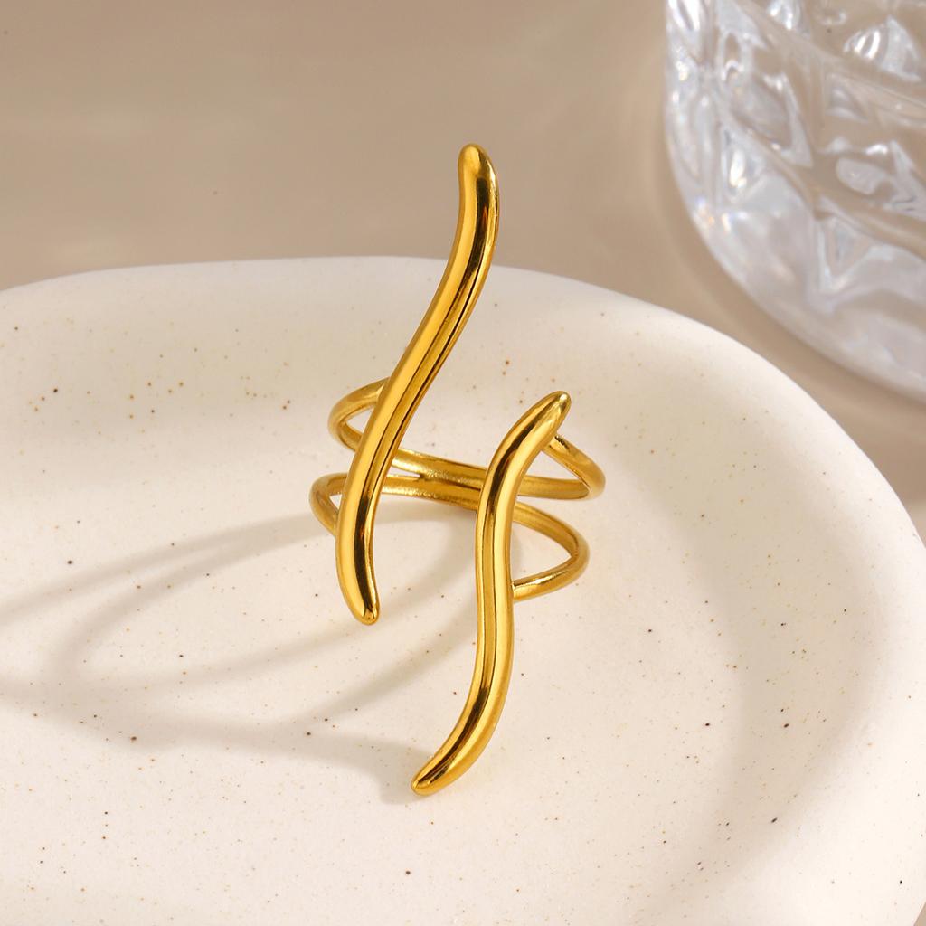 S  Stainless Steel Gold Color Geometric Line Open Ring for Women Simple Metal Irregular Twisted Adjustable Rings Jewelry Gift