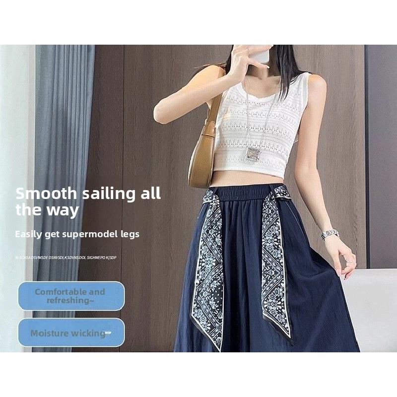 Ice silk denim skirt-pants for women, summer thin high-waisted drapey wide-leg cropped pants