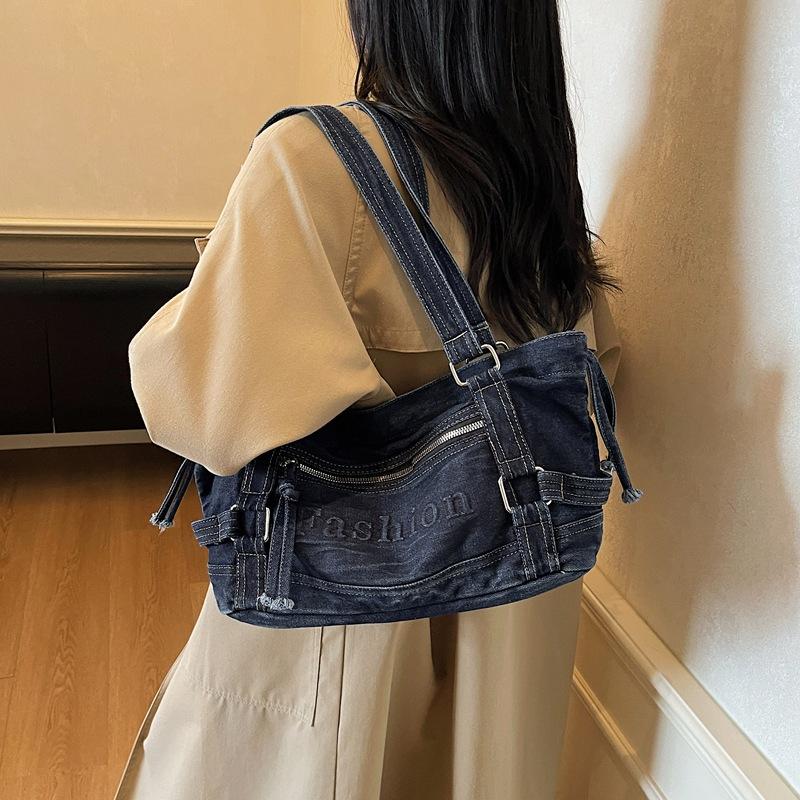 2025 Autumn New Crossbody Denim Bag Korean Tote Bag Vintage Washed Distressed Handbag Portable Shoulder Bag