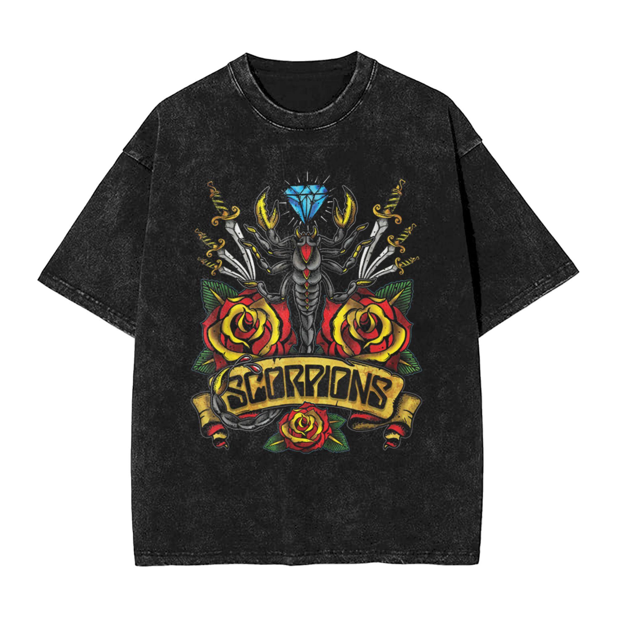 Scorpions Rock Band Rose Vintage T-Shirt for Men Crazy Cotton Tees Crew Neck Short Sleeve T Shirt Printed Clothes S
