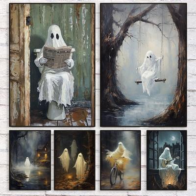Ghost On The Toilet Reading A Newspaper Poster Dark Moody Victorian Canvas Painting Fun Spooky Wall Art Room Home Wall Decor