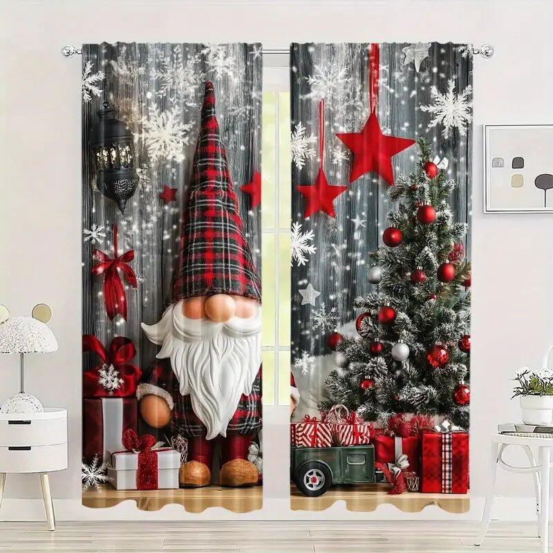 

Set Of 2 Santa Claus Printed Curtains Christmas Decorations Bedroom Living Room Home Decoration Curtain For Sitting Made Polyester W100*H70(CM)-Rod Pocket&1PCS