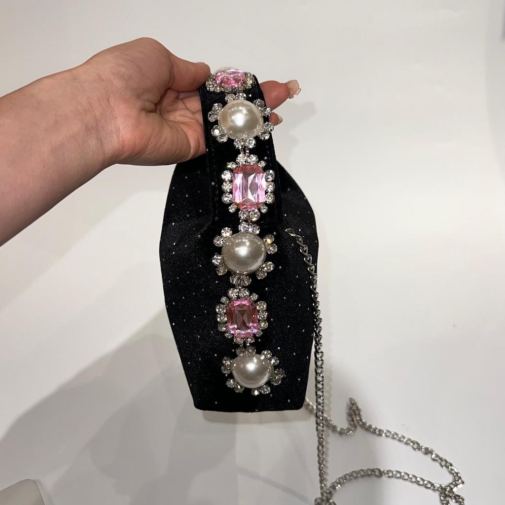 Elegant Pearl Velvet Women's Bag Luxury Rhinestone Evening Shoulder Bag Diamond Crystal Crossbody Bags for Women Wedding Handbag