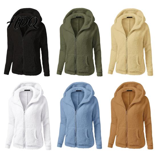 Casual Warm Jacket Women Full Zip Fleece Hoodie Solid Color Hooded for Coat with Pockets Fall Winter Loose Fit Daily Wear