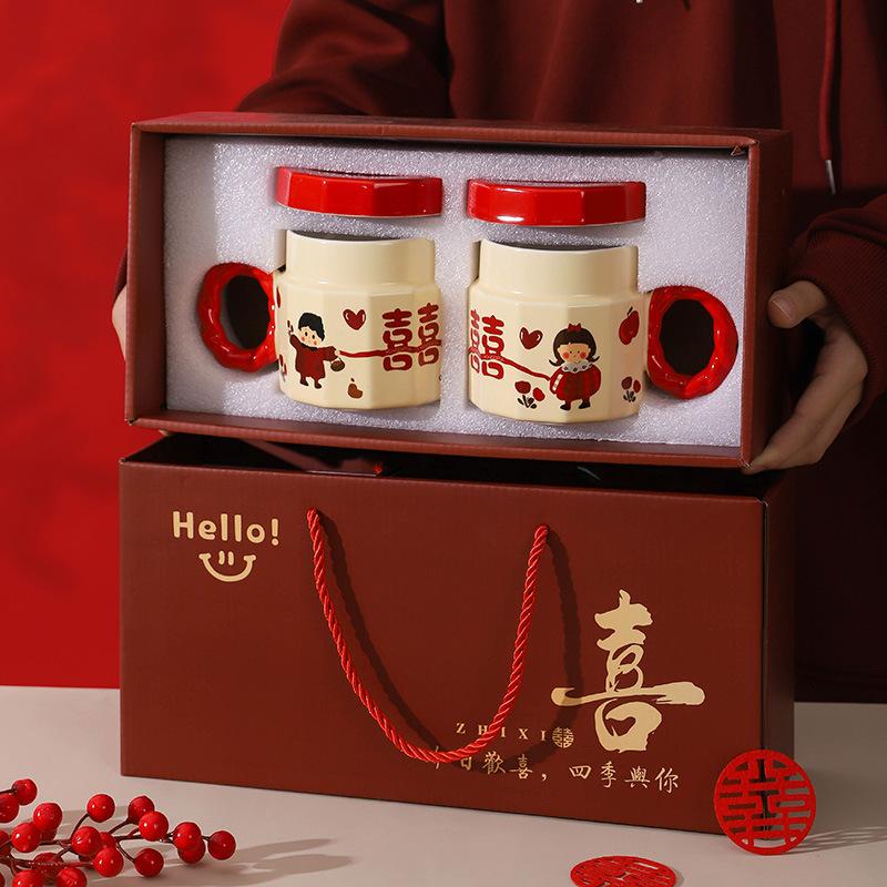 Ceramic mug souvenir, women's cup with lid, wedding gift for newlyweds, a pair of festive water cups for couples