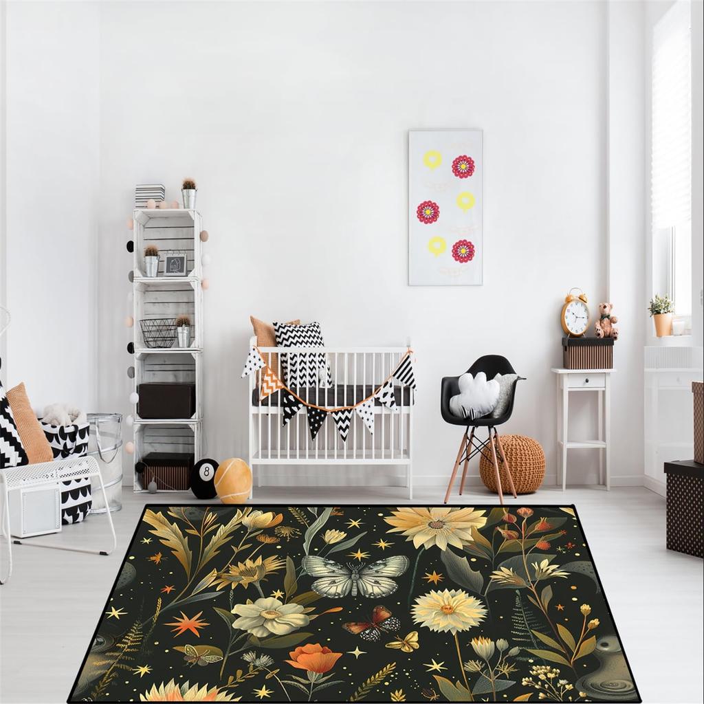 Butterfly Rug for Girls Bedroom - Floral Rugs for Living Room Dinning Room Butterfly Carpet Beautiful Flower Carpet Floor Mats