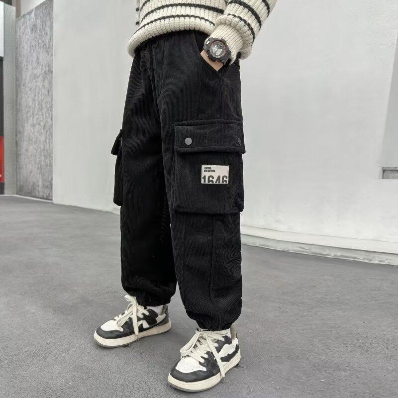 

Boys Pants 2026 Spring Autumn Trendy Children s Corduroy Pants Big Kids Sweatpants Loose Cargo Pants Trendy 170 чорний