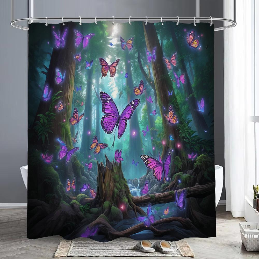 Fairy Tale Forest Beautiful Purple Butterfly Shower Curtain Bathroom Decor Shower Curtain Waterproof Shower Curtain With Hook