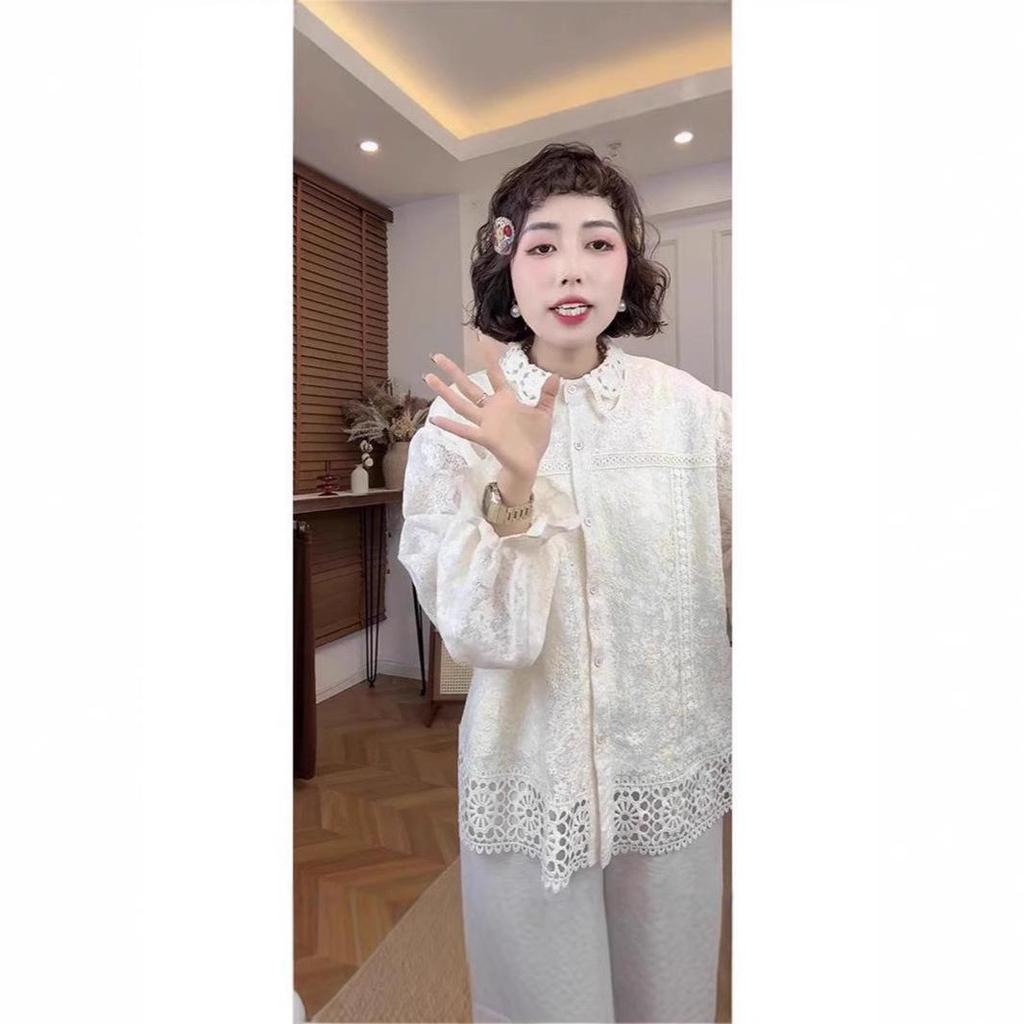 French Openwork Crochet Turn-Down Collar Women's Shirt - Stylish Spring 2025 Casual Outerwear