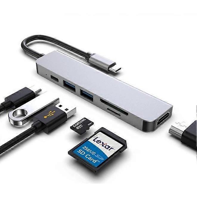 6-in-1 USB-C Hub for MacBook Pro – Type-C 4K HDMI Multiport Adapter with SD Card Reader – Gray