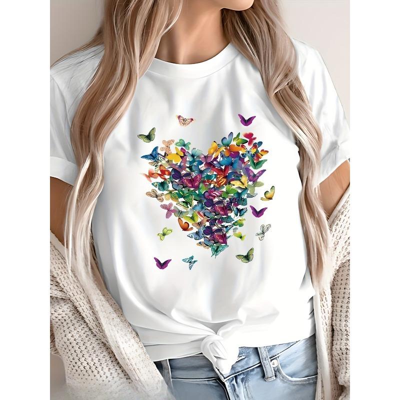 European sizes Elegant Butterfly Pattern Printed Women S Short-Sleeve T-Shirt Perfect for Holidays, Graduations S белый