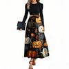 Women's Fashion Casual Belted Long Sleeve Round Neck Halloween Printed Elegant Temperament Dresses