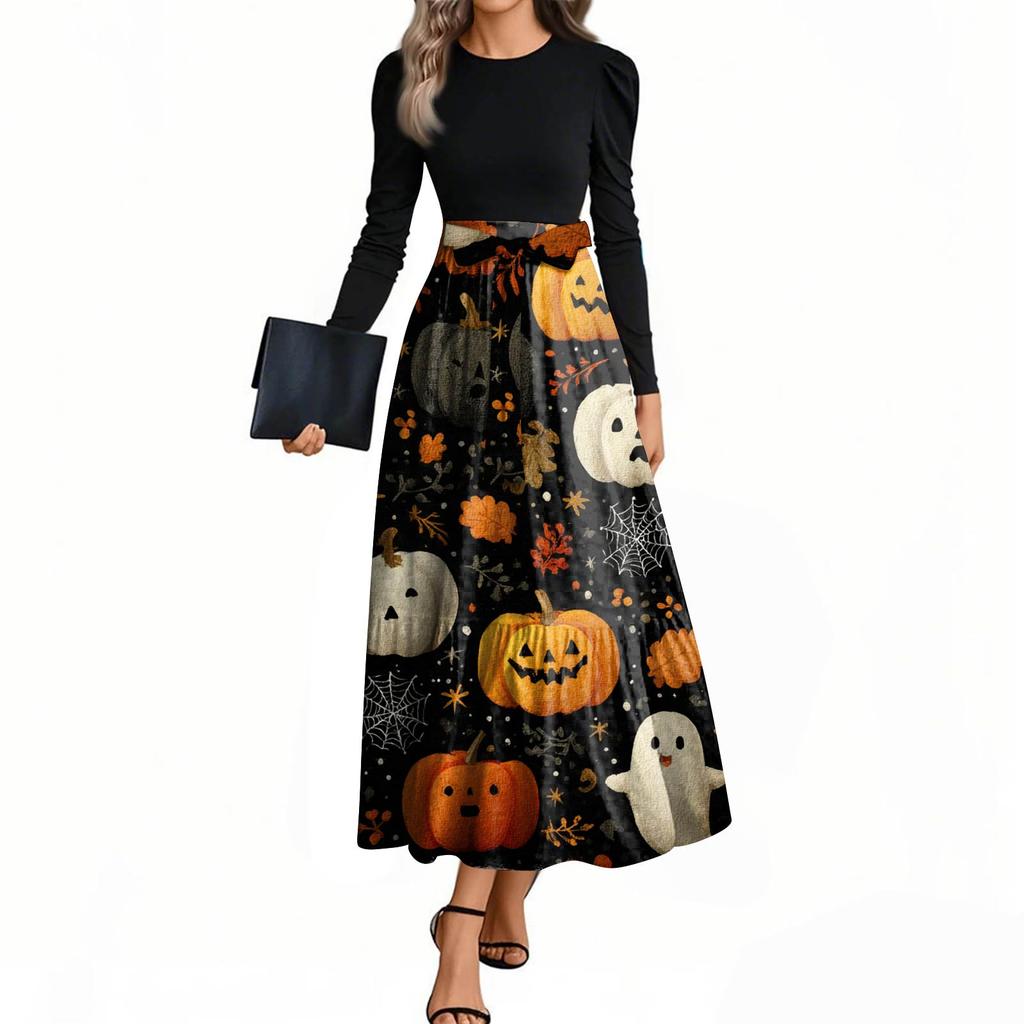 Women's Fashion Casual Belted Long Sleeve Round Neck Halloween Printed Elegant Temperament Dresses