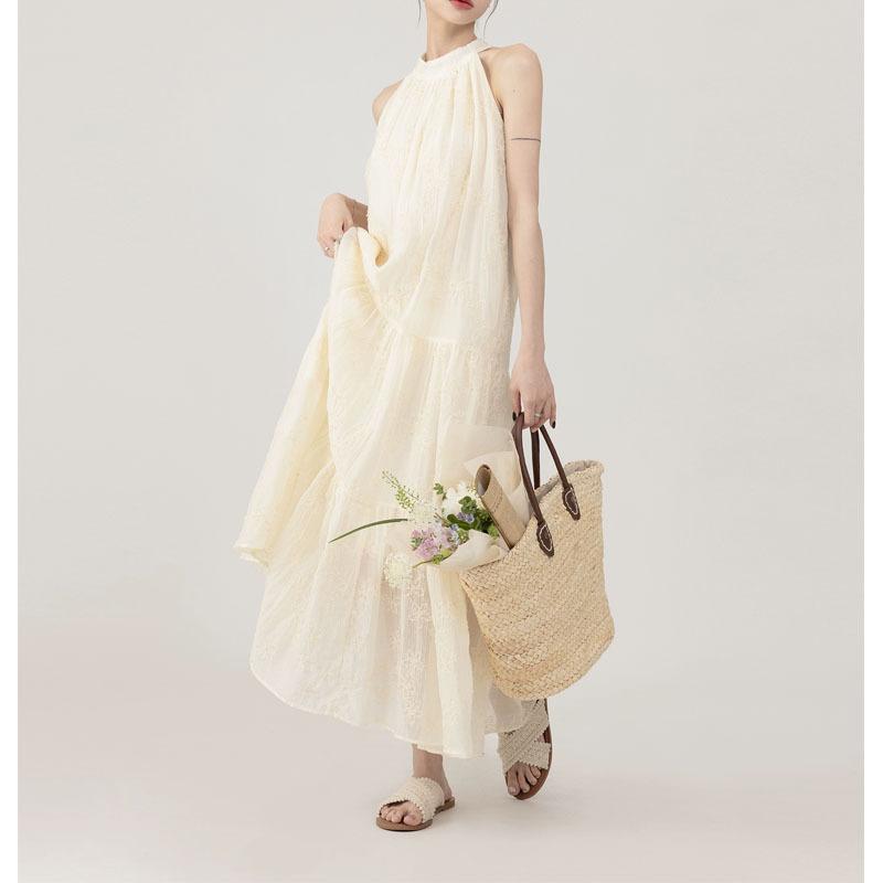 Flower Pattern Round Neck Suspenders Loose Long Skirt Dress Summer Dress Beach Vacation Casual Dresses