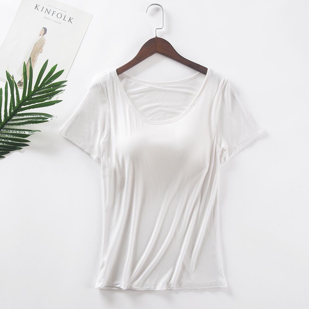 Women's Modal Short-Sleeve T-Shirt with Built-In Bra Cups, Solid Color, Ideal for Yoga, Home, or as a Base Layer Sports Top. No Separate Bra Needed.