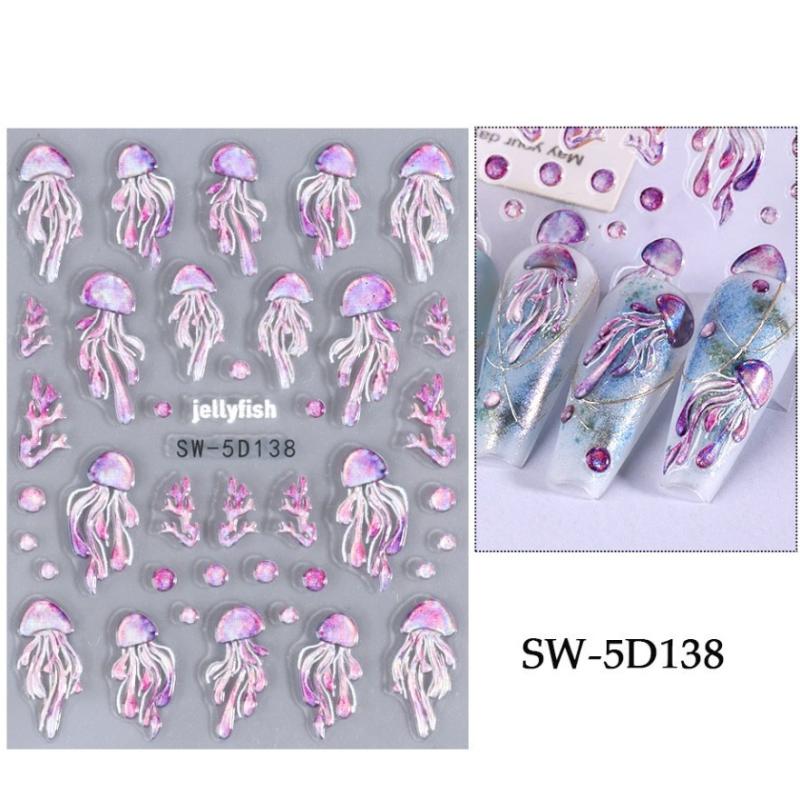 Jellyfish Summer Beach Nail Stickers Colorful Shell Starfish Conch Fish Adhesive Sliders Embossed Decals Manicure Foils Decor