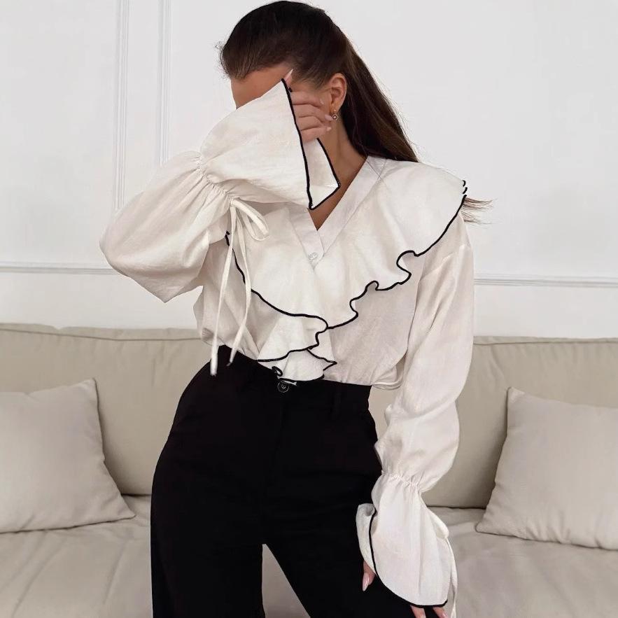 

New Spring and Autumn Women s Simple Fashion Casual Cardigan Top Color-Block Layered Ruffle Shirt L