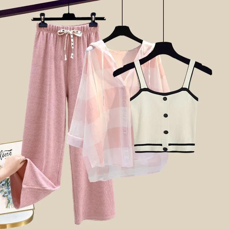 Knitted Suspender Vest Plaid Panel Sunscreen Chiffon Shirt Wide Leg Pants Three-piece Elegant Women Pants Set Summer Outfits
