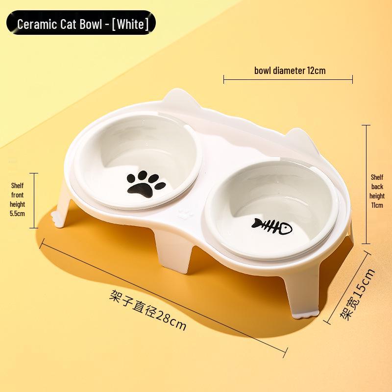 Ceramic Cat Food & Water Bowl with Slanted Design - Protects Cervical Spine, Anti-Tipping, Double Bowl for Feeding & Drinking
