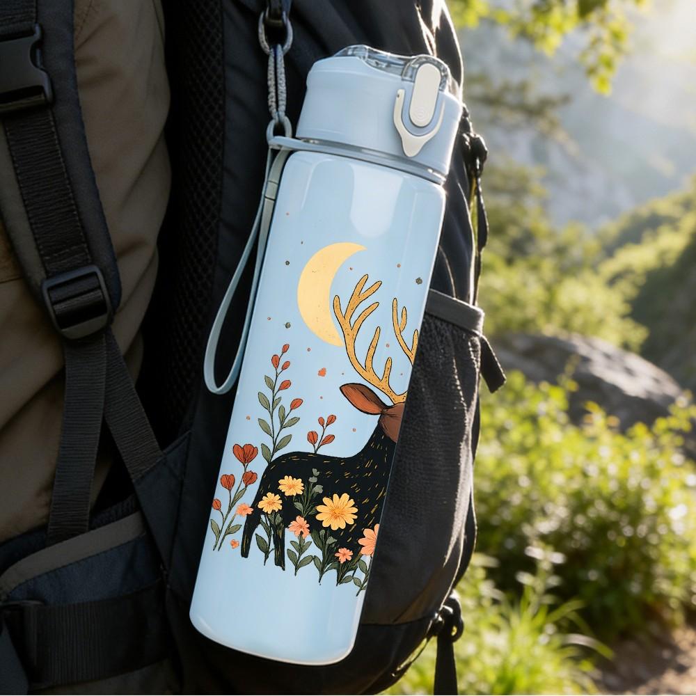 1PC Autumn Floral Stag Deer 750ml Color Plastic Sports Water Bottle Leakproof Flip Straw Lid Suitable for Sports Office Home Use