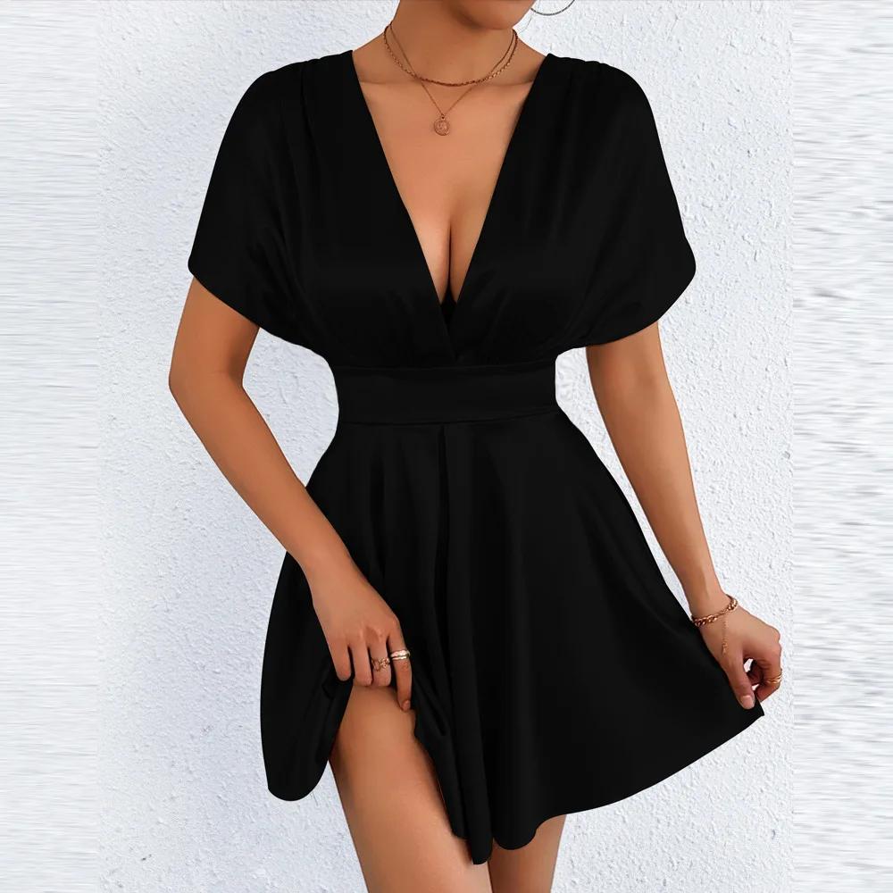 Low Cut V Neck Sexy Fashionable Dress Elegant Waist Cinched Summer New Arrival Women's Clothing Short Sleeveless Dress