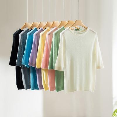 First-line Ready-to-wear Curled Round Neck Tencel Wool Blended Solid Color Knitted Sweater Top Women's Autumn Short-sleeved Sweater