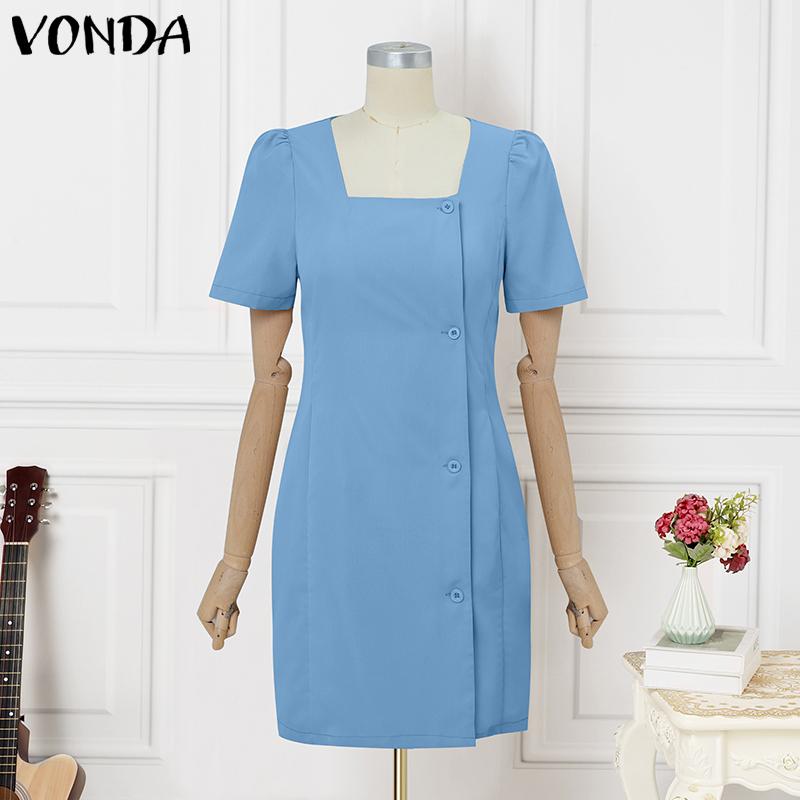 

VONDA Летнее женское облегающее мини-платье с квадратным воротником и короткими рукавами-фонариками, облегающее на талии, офисное платье 3XL синий