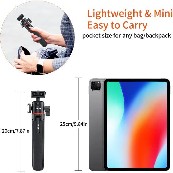 TP-06 Portable Selfie Stick Tripod Stand Aluminum Alloy with 1/4 Inch Screw Cold Shoe Mount 360° Rotatable Ballhead 55cm/21.6in Max. Height 1.5kg