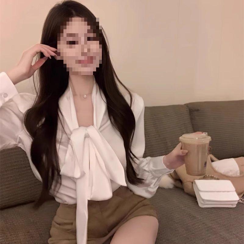 Women s White Satin Bow Long Sleeve Shirt with Shoulder Pads - Autumn/Winter French Style XL белый