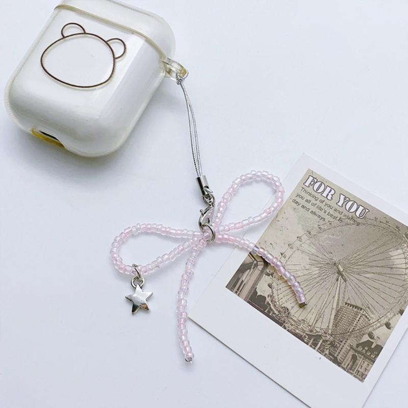 Beaded Bowknot Star Hanging Pendant Sweet Phone Strap Bag Decoration Portable Hanging Lanyard Gift for Girls Women