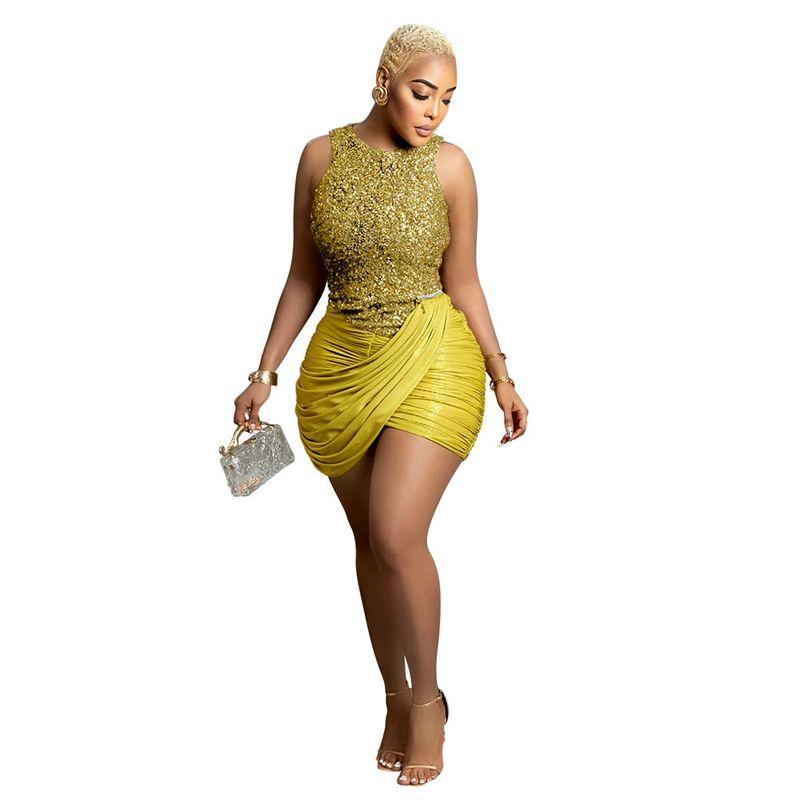 

European and American Style Dress Skirt Amazon Foreign Trade New Fashion Sexy Sleeveless Round Neck Irregular Sequin Short Skirt for Women Yellow S