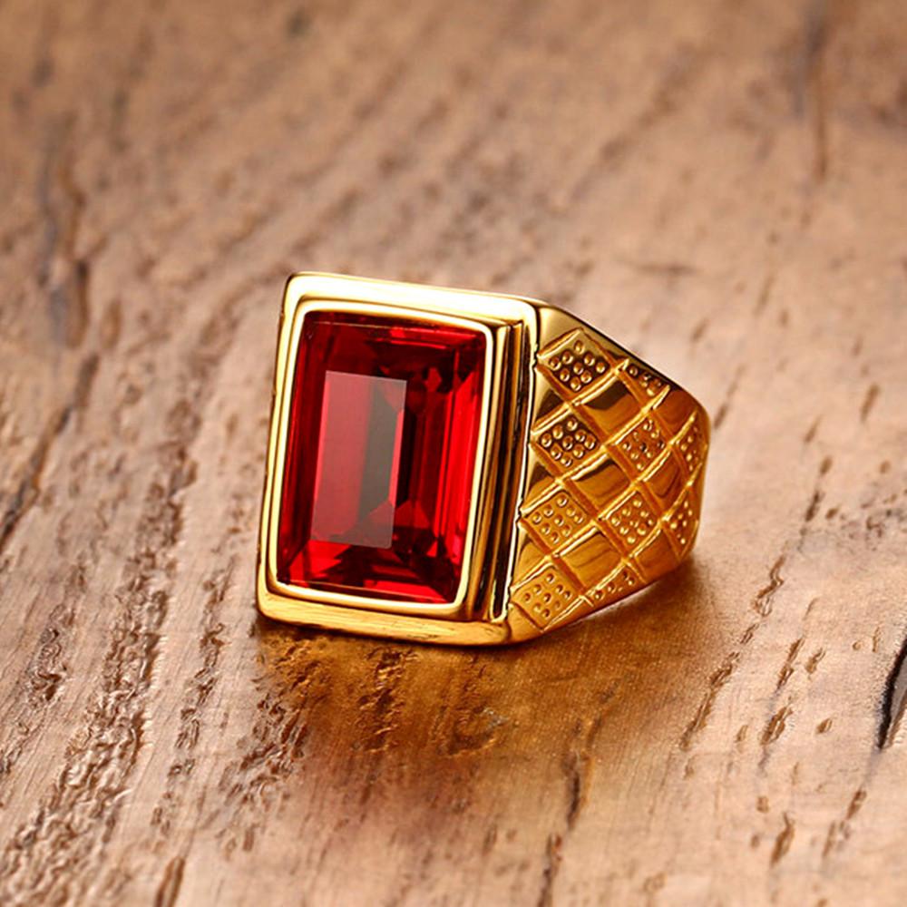 Bagues en pierres précieuses rouges rubis carrées pour hommes, couleur or, titane, acier inoxydable, bijoux, accessoire de doigt masculin