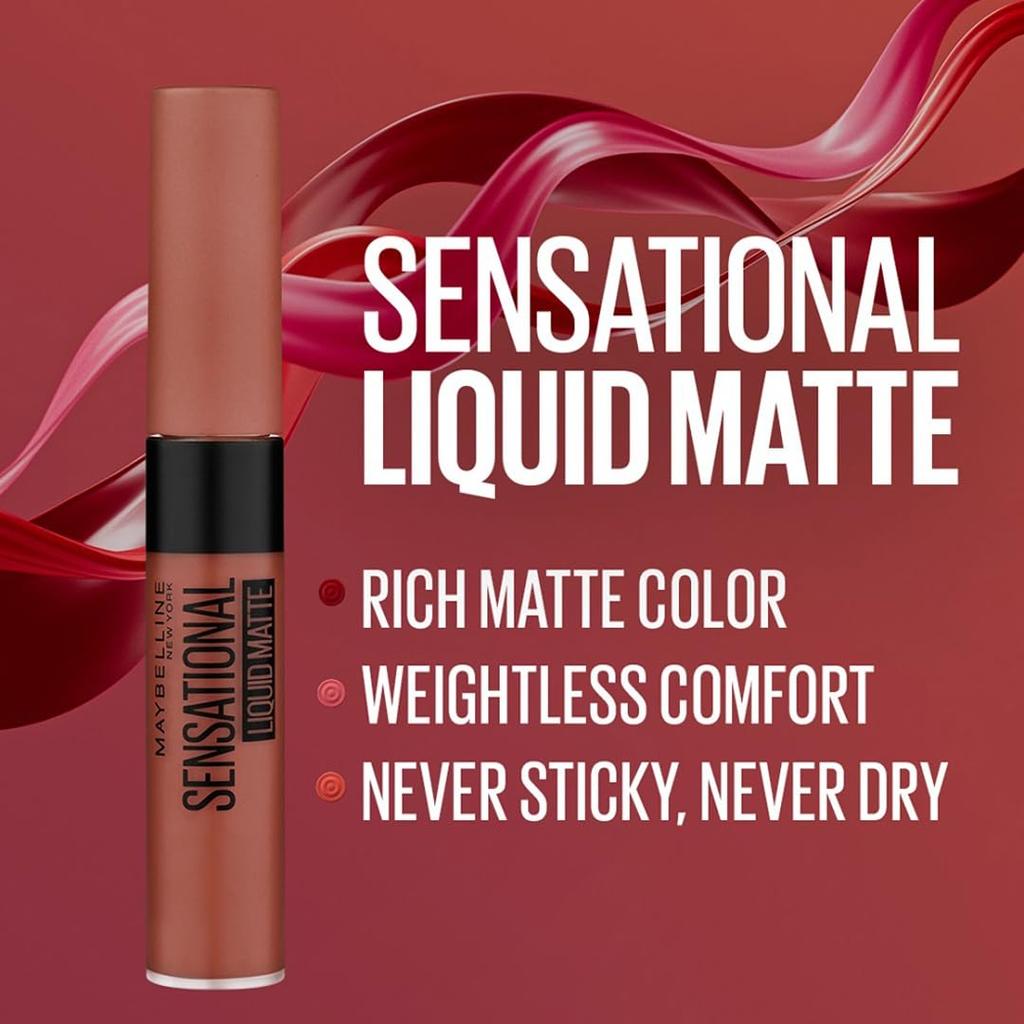Maybelline New York Sensational Liquid Matte Lipstick 7ml NU02 Strip It Off Lightweight Long Lasting Non Sticky Full Coverage Nude Lip Color