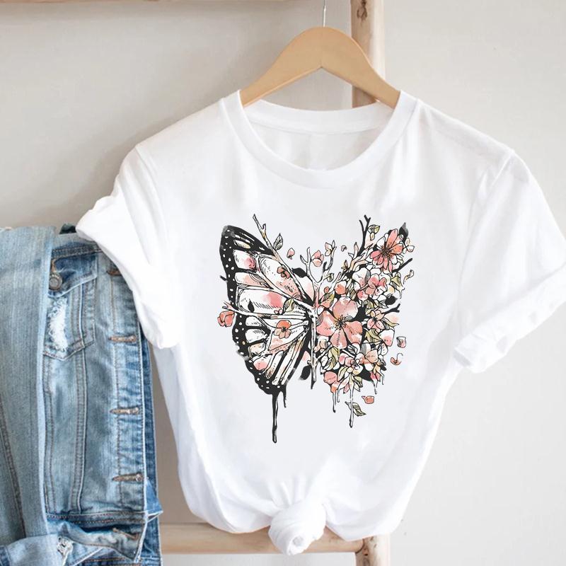 T-shirt Top Imprimé Libellule Fleur pour Femme Vêtement Mode d'Été T-shirt Décontracté Manches Courtes pour Dame Femme T-shirt Graphique