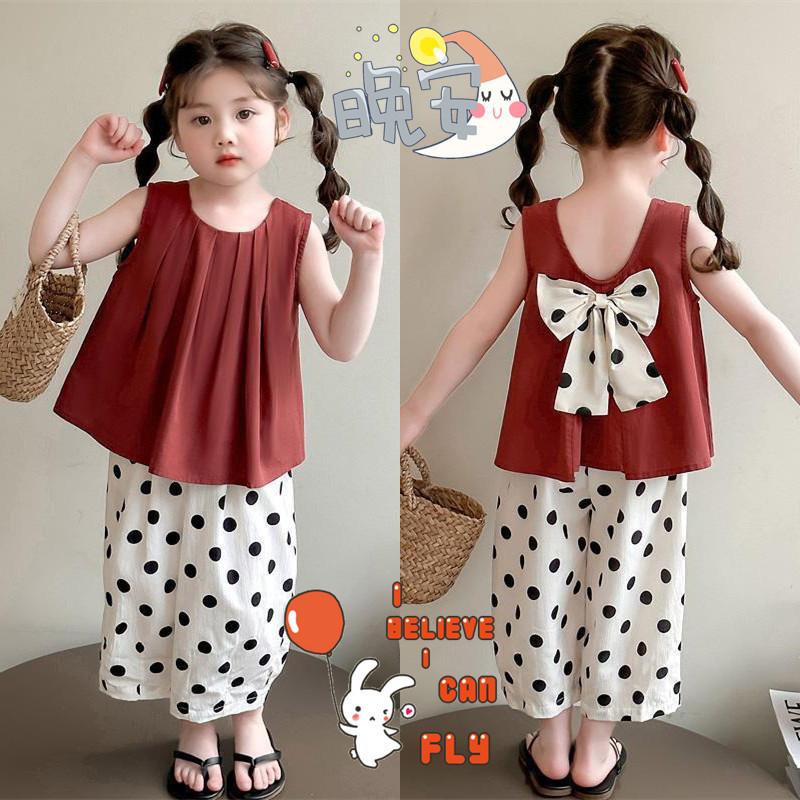 Girls Summer Bow Blouse And Polka Dot Pants Set Kids Casual Sporty Two Piece Outfit For Toddler