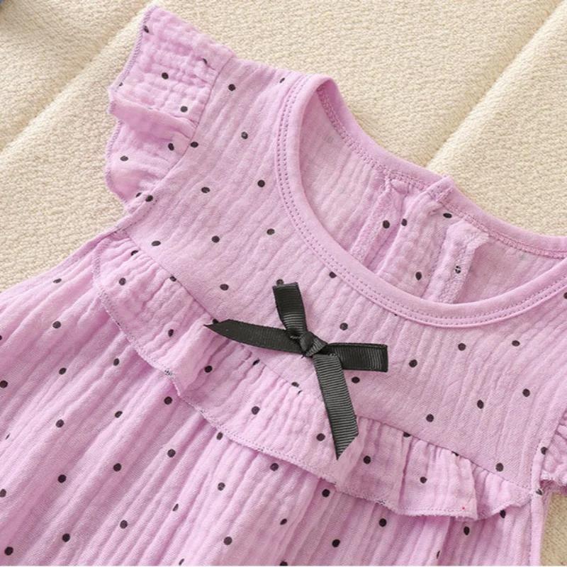 Yaz Bebek Giysileri Kız Noktalı Fiyonklu Tulum 0-24 Ay Yenidoğan %100 Pamuk O-Yaka Fırfırlı Kol Tek Parça Bodysuit