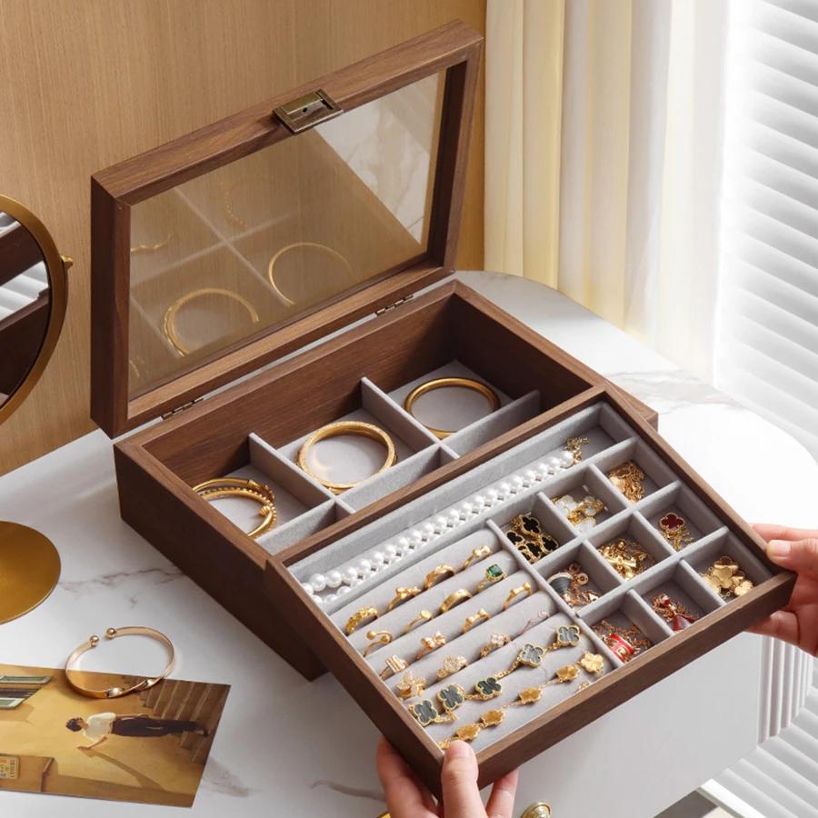 Walnut Color Double-decker Jewelry Box Necklace Earrings Box Cover Carry Oxide Jewelry Delicate Solid Wood Jewelry Box