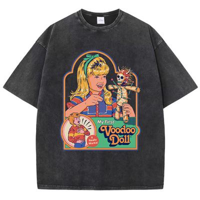 Voodoo-Puppe Print Damen Distressed T-Shirt Sommer Atmungsaktiv Waschen T-Shirt Street Fashion Tees Kleidung Lässig Sport Cool T-Shirts