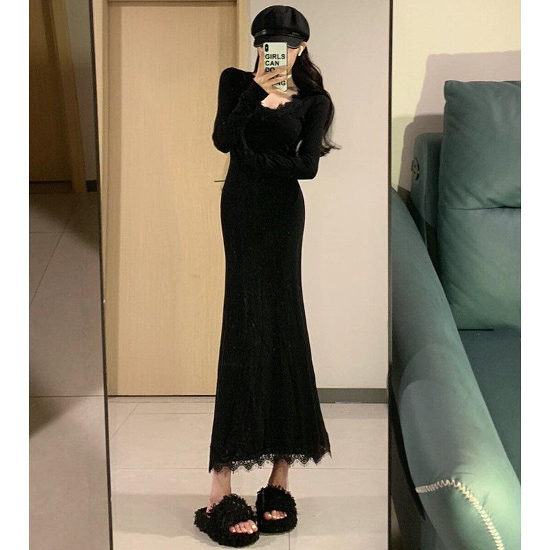 Black lace V-neck knitted fishtail dress women s winter robe with bottom and hip long skirt S чёрный