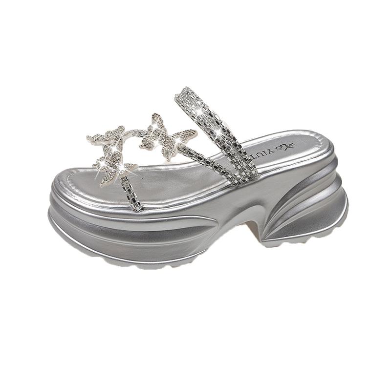 Fashion NEW Casual 7CM Wedge Slippers Women Summer Crystal Butterfly Platform Sandals Woman Open Toe Comfortable Female Chunky Shoes