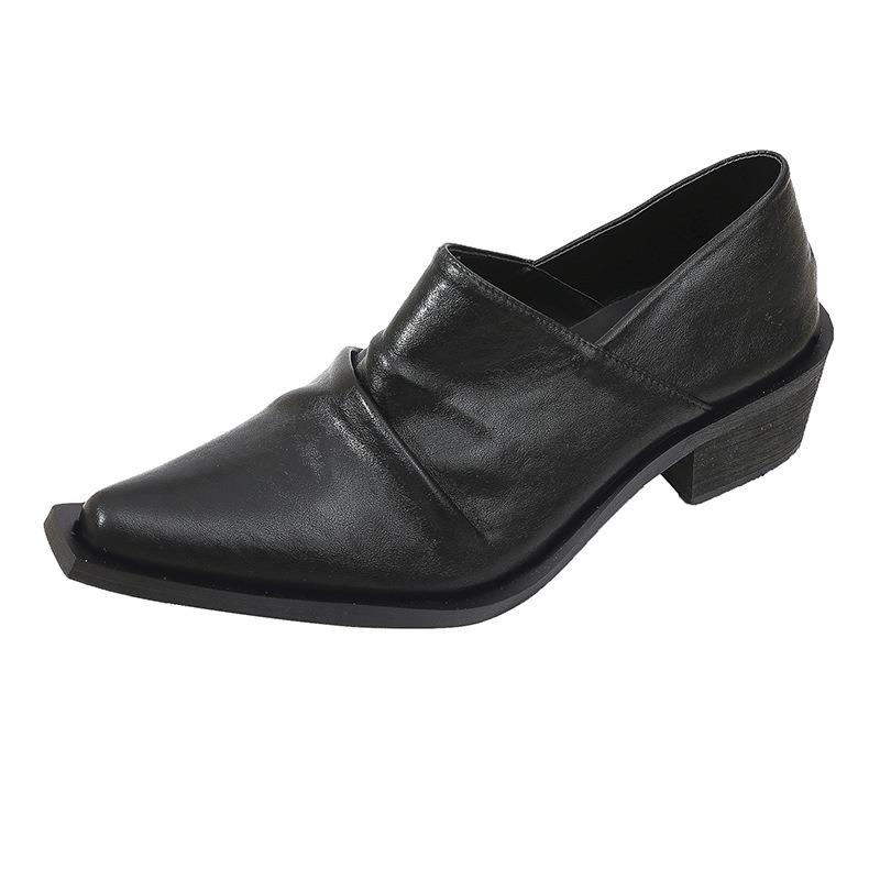 Small Leather Shoes Black New Square Head Pleated Wizard Shoes Washed Soft Leather Thick Heel Deep Mouth Single Shoes