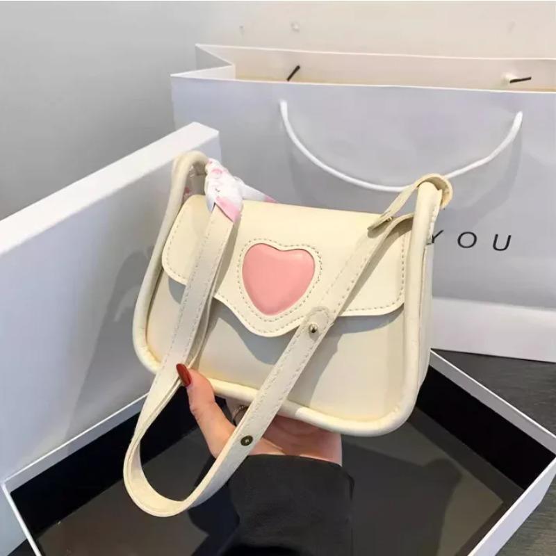 Cute Love Heart Women's Small Square Shoulder Bags Fashi Female Messenger Bag Simple Ladies Crossbody Purse Handbag with Scarf