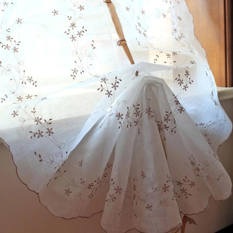 Retro Cotton Linen Lace Embroidered Balloon Pull Up Curtain for Living Room Kitchen Threading Rod Short Window