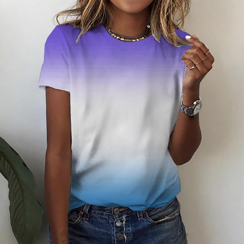 Gradient Dámské Blusas s krátkým rukávem 3D květinovým potiskem Ležérní trička s výstřihem Y2k Topy Osobnost Trička Roupa Feminina Mujer