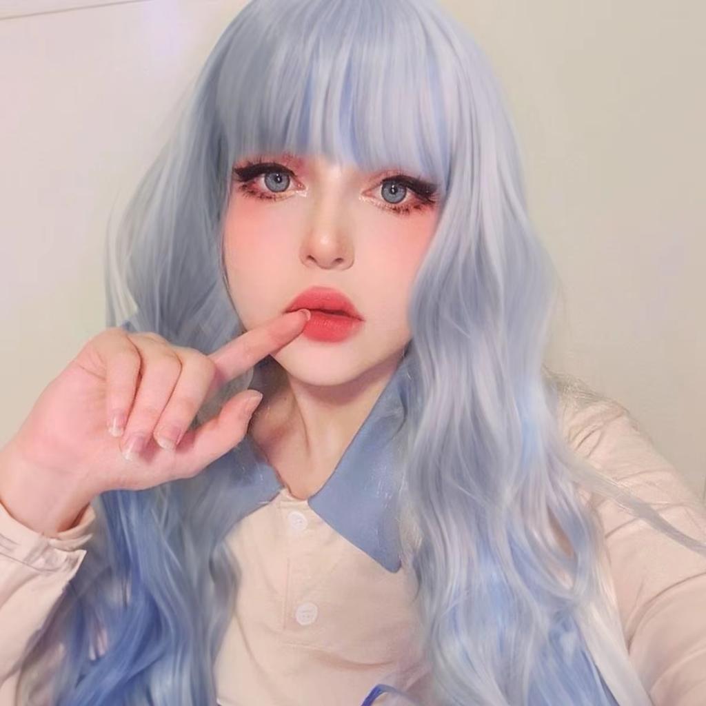 Blue Grey Graded Fluffy Curly Hair High Temperature Resistant Fiber Synthetic Wig Valentine's Day Christmas Anime Party Cosplay