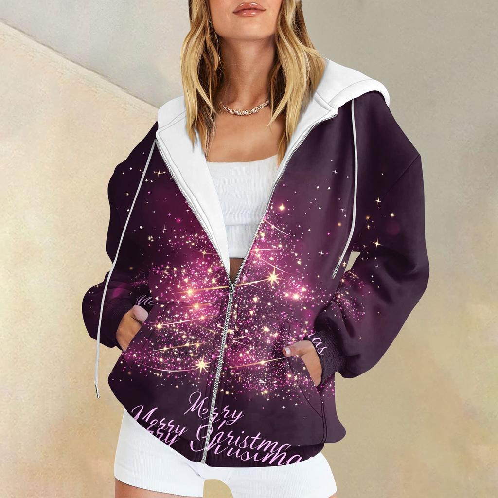 Ladies Fashion Casual Christmas Print Sweatshirt Autumn Winter Long Sleeve Cardigan Jacket With Pocket Zipper Hoodie Jacket