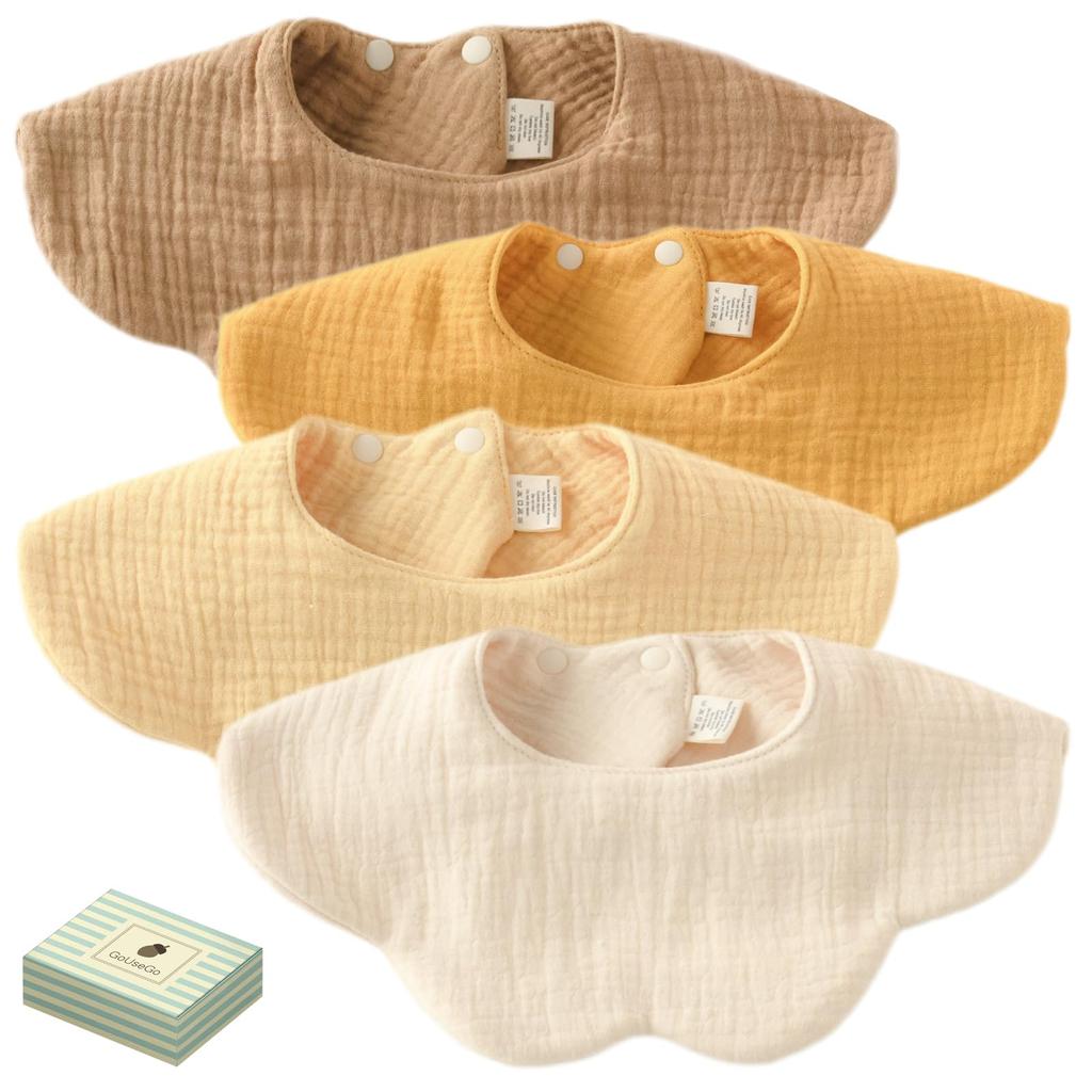 GoUseGo Baby Set aus Blütenblatt Unifarben Natur Baby Babyparty Geschenk Lätzchen, Wasserdicht, 4, 6-lagige Gaze, Groß, 360-Grad-Lätzchen, Farbe, 100% Baumwolle, Farbe,