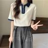 Women's Navy Blue Contrast Collar Half-Zip Polo Shirt Short Sleeve Slim Fit Casual Top